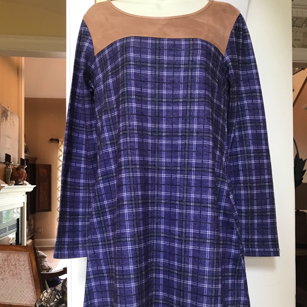 Simply Southern purple black white plaid flannel feel dress faux suede tan trim